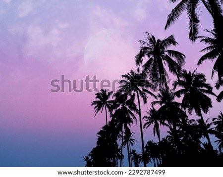 Silhoutte coconut trees over dramatic sky background. Black palm plant on summer beach.