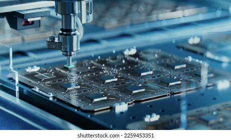 Silicon Dies are being Attached to Substrate by Pick and Place Machine on Semiconductor Factory. Computer Chip Manufacturing at Fab. Packaging Process.