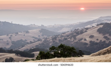 Silicon Valley Air Pollution. Hazy Summer Sunset At Joseph D Grant County Park, San Jose, Santa Clara County, California, USA.