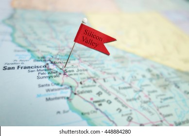 Silicon Valley flag pin in a map of the San Jose and San Francisco area                               