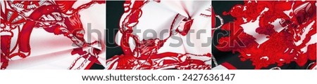 Silk fabric in black, white and red. Heraldic shield with angel wings and ribbons. Canvas print for ancient themed design. A textured background pattern evokes appearance and visual interest.
