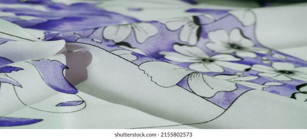 Silk Fabric, Blue And White With Green Shades, Smooth Elegant Sheer Fabric, Divided On A White Background. Background Texture, Pattern