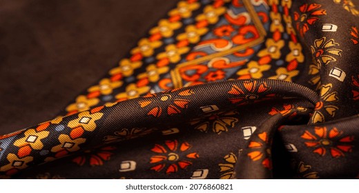 Silk Fabric Of Brown Color With Red And Yellow Colors, Dense Fabric, Double-sided Based On Triacetate Fibers. Texture, Background, Pattern,