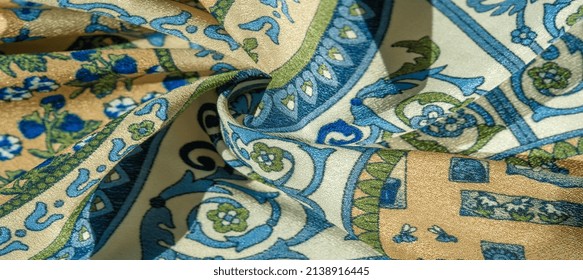 Silk Fabric, Royal Monogram Pattern, Blue Steel Green Brown On The Fabric. Your Design Will Be Imbued With The Spirit Of The Middle Ages. Textured Background Pattern