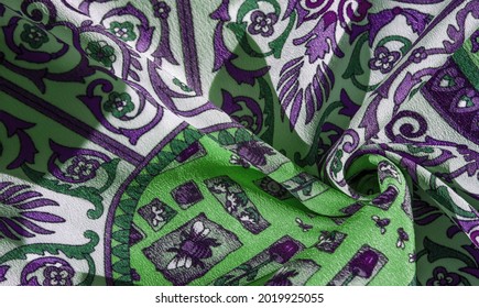 Silk Fabric, Royal Monogram, White Color, Azure Green On The Fabric. Your Design Will Be Imbued With The Spirit Of The Middle Ages. Textured Background Pattern