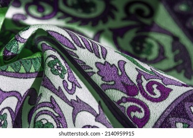 Silk Fabric, Royal Monogram, White Color, Azure Green On The Fabric. Your Design Will Be Imbued With The Spirit Of The Middle Ages. Textured Background Pattern