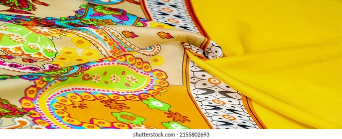 silk paisley fabric, ornate traditional elements of paisley indian theme with ethnic details in bohemian print, colorful texture, background, pattern