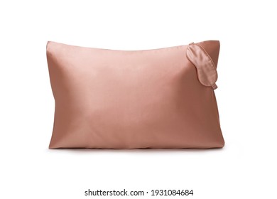 Silk Pillow And Woman With Sleep Mask White Background, Soft Luxury Cushion. Pleasant Sleep Concept