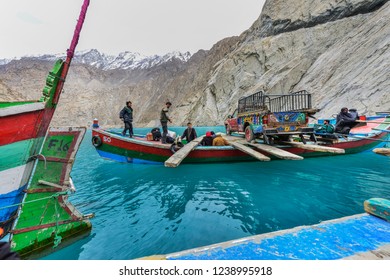 Silk Road, Boat Ferries Car Across Attabad(Gojal) Lake, Gojal Valley, Hunza, Gilgit Baltistan, NE Pakistan. The Lake Was Created In Jan 2010 By Mt.Karakoram Landslide Dam. August 2, 2016, Pakistan.   