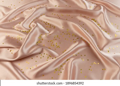 Silk Wavy Composition. Abstract Texture Of Silk Chiffon Fabric In Champagne Color. Silk Fabric Mockup As Artistic Layout Background.