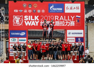 Silk Way Rally In Russia, Mongolia, China. 6/16 July 2019. Nasser Al Attiyah And Mathieu Baumel, Toyota Hilux, Celebrating The Victory At Silk Way Rally 2019.