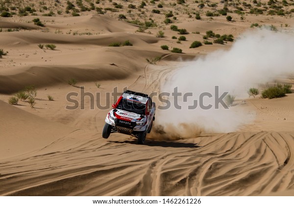 Silk Way Rally in Russia, Mongolia, China. 6/16\
July 2019. Nasser Al Attiyah and Mathieu Baumel, Toyota Hilux,\
winners at Silk Way Rally\
2019.