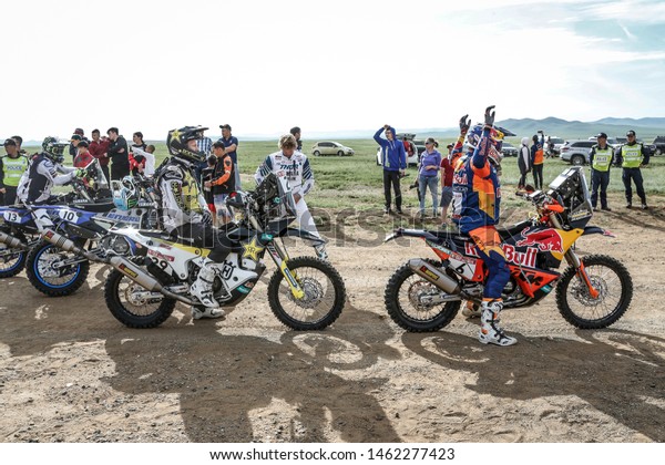 Silk Way Rally in Russia, Mongolia, China. 6/16\
July 2019. Sam Sunderland, KTM, and Andrew Short, Husqvarna, at\
start of special stage.