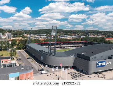 Silkeborg, Denmark - August 2022: Aerial Drone Panoramic View Over JYSK Park, Home Stadium For Football Club Silkeborg IF