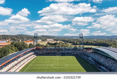 Silkeborg, Denmark - August 2022: Aerial Drone Panoramic View Over JYSK Park, Home Stadium For Football Club Silkeborg IF