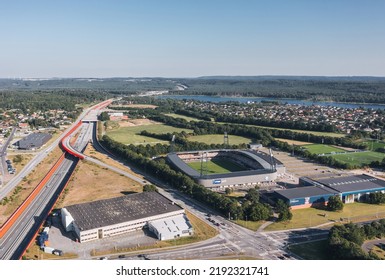 Silkeborg, Denmark - August 2022: Aerial Drone Panoramic View Over JYSK Park, Home Stadium For Football Club Silkeborg IF