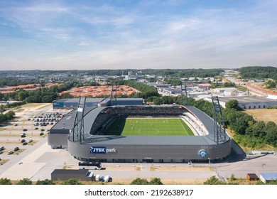 Silkeborg, Denmark - August 2022: Aerial Drone Panoramic View Over JYSK Park, Home Stadium For Football Club Silkeborg IF