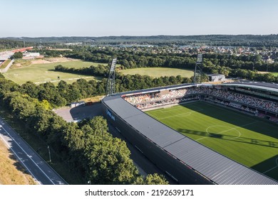 Silkeborg, Denmark - August 2022: Aerial Drone Panoramic View Over JYSK Park, Home Stadium For Football Club Silkeborg IF