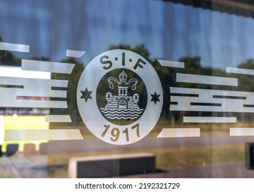 Silkeborg, Denmark - August 2022: Silkeborg IF (SIF) Logo At The Entrance Of JYSK Park