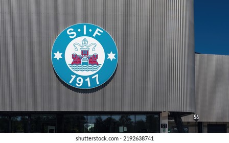 Silkeborg, Denmark - August 2022: Silkeborg IF (SIF) Logo At The Entrance Of JYSK Park