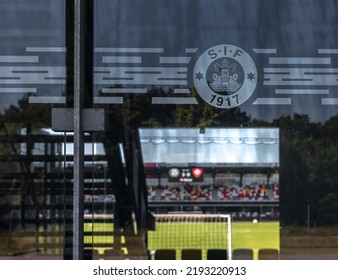 Silkeborg, Denmark - August 2022: Silkeborg IF (SIF) Logo At The Entrance Of JYSK Park