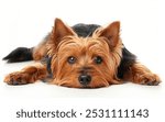 A Silky Terrier lies flat, its shiny tan coat and attentive black-tipped ears displaying its delicate features and attentive nature