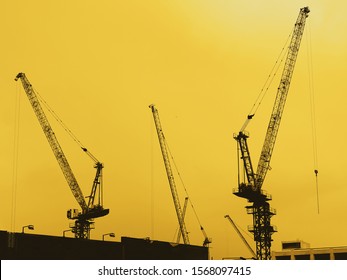 Sillhouette Of Crane In The Construction Building                         