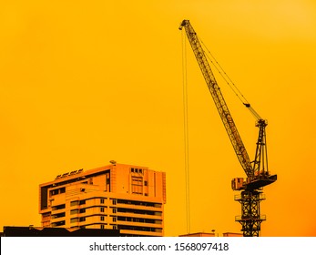 Sillhouette Of Crane In The Construction Building                         