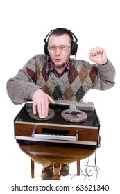 Silly Man Enjoying Music. Over White Background