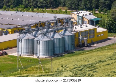 Silos And Agro-industrial Livestock Complex On Agro-processing And Manufacturing Plant With Modern Granary Elevator. Chicken Farm. Rows Of Chicken Coop