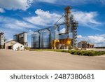 silos on agro-industrial complex with seed cleaning and drying line for grain storage. Granary elevator