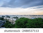 Siloso Beach Singapore, view from Fort Siloso skywalk, ships in Singapore strait shipping channel, tourist tourism travel destination holiday vacation