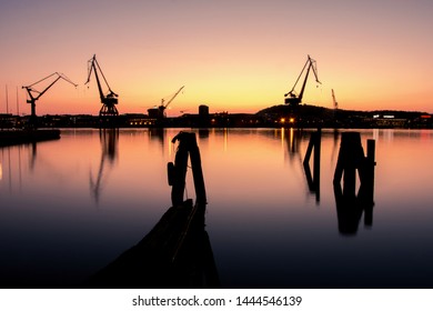 Siluettes Of Cranes In Gothenburg Harbour