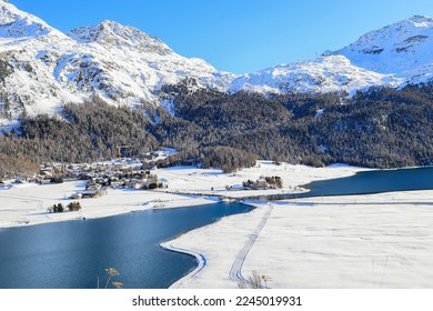 Silvaplana lake in winter from high view to Piz Corvatsch in Engadine in Switzerland - Shutterstock ID 2245019931
