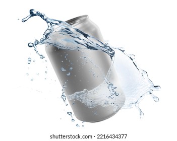 Silver Aluminum Can With Splash Of Water On White Background