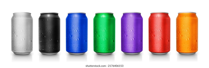 Silver Aluminum Can, White, Black, Blue, Green, Purple, Red, Orange Isolated From Canned White Background With Water Droplets