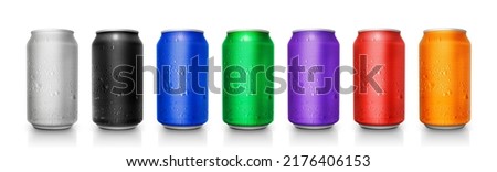 Silver aluminum can, white, black, blue, green, purple, red, orange isolated from canned white background with water droplets