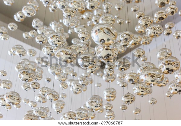 Silver Ball Hanging Ceiling Interior Decoration Stock Photo