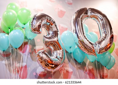 Silver balloons with ribbons - Number 30. Party decoration, anniversary sign for happy holiday, celebration, birthday, carnival. Metallic design balloon.