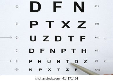 Silver ballpoint pen pointing to letter in eyesight check table. Sight test and correction, excellent vision or optician shop, laser surgery alternative, driver health certificate examination concept