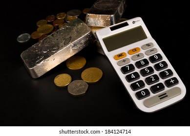 Silver bars and coins, a financial concept