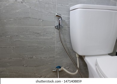 silver bidet shower, bidet spray, bidet sprayer, bum gun, or health faucet beside white toilet on grey wall 