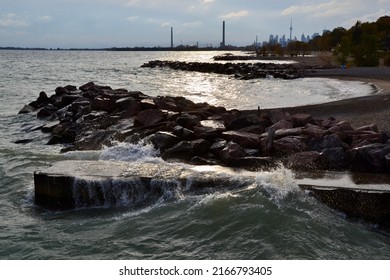 Silver Birch Beach With Toronto Skyline On The Horizon During Fall