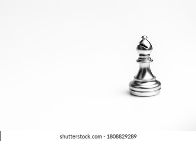 Silver Bishop Chess Standing Alone On White Background. - Leadership Concept.