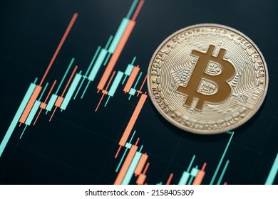 Silver Bitcoin cryptocurrency with candle stick graph chart and digital background.