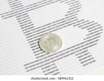 silver bitcoin on the background of binary code