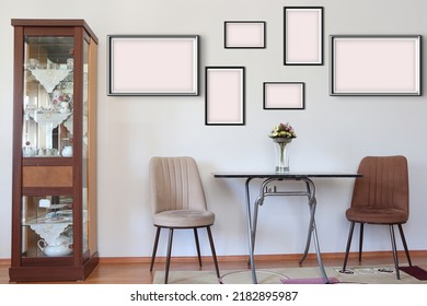 Silver Black Picture Frames On The Room Wall For Mockup. Frames Have 3:2 Aspect Ratio.