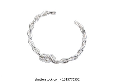 Silver Bracelet Tied Rope Design Isolated On White Background. White Silver Bangle With Tie Knot String Style Isolated