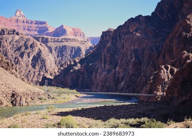 The silver bridge at the bottom of the Grand Canyon connects the Bright Angel Trail with the North Kaibiab Trail. 