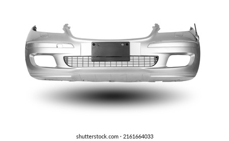 Silver Car Bumper With A Black Plastic Panel On An Isolated Background, Part For Installation On A Car Body After Repair And Painting During Repair In A Workshop. Equipment For Sale.